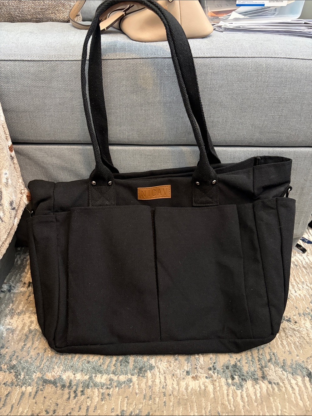 Nica Black Canvas Tote with Exterior Pockets